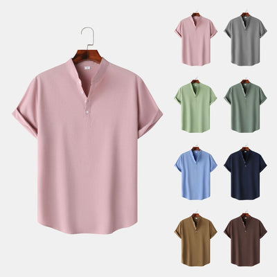 Men's Linen Short Sleeve Pullover Shirt Solid Color Stand Collar