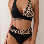 Women's Minimalist Casual Leopard Print Patchwork Split Swimsuit