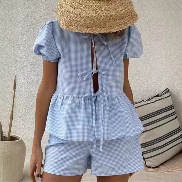 Women's Plaid Shirt Wide Leg Shorts Casual Suit