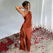 One-shoulder Backless Slit Satin Dresses For Women