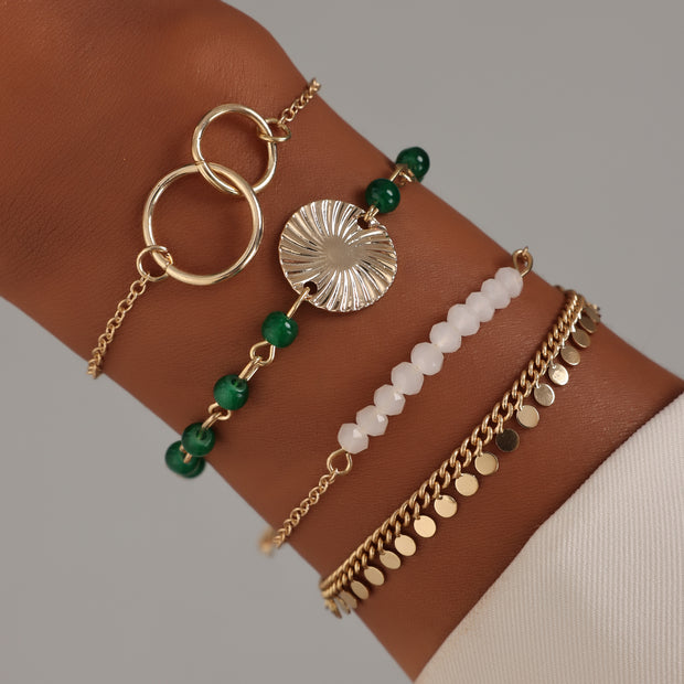 Fashion And Trendy Sequin Tassel Metal Ring White Green Bead Four Piece Bracelet Set