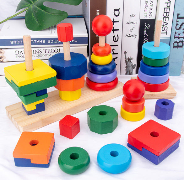 Three pillar intelligence tower wooden educational toy