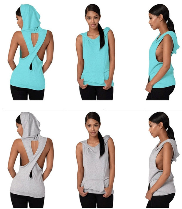 Fitness Backless Cross Sport T Shirt Women Breathable Sleeveless Yoga Shirt Gym Clothes Running Sportswear Hooded Yoga Tops