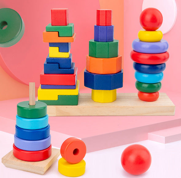 Three pillar intelligence tower wooden educational toy