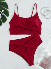 Women's Nylon Solid Color High Waist Cross Split Swimsuit Bikini