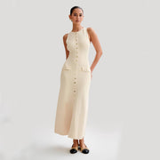 Elegant Knitted Sleeveless Dress With Single Breast Fashion Slim Round Neck Long Dresses Womens Clothing