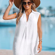 European And American Shirt Deep V Neckline Solid Color Beach Sun Protection Dress