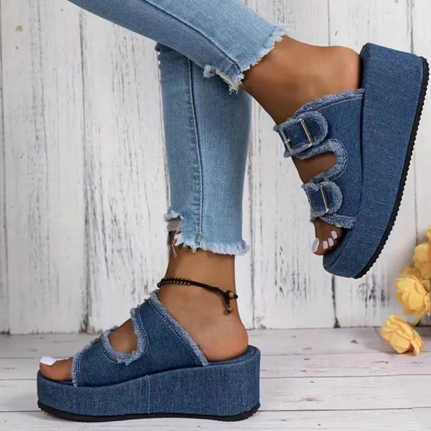 Fashion Denim Buckle Wedges Sandals