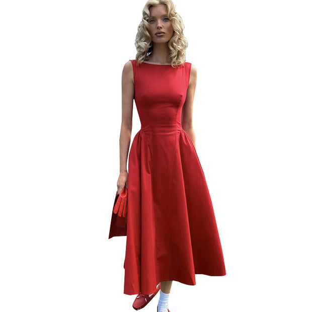 Elegant Boat-neck Waist Slimming Dress Women