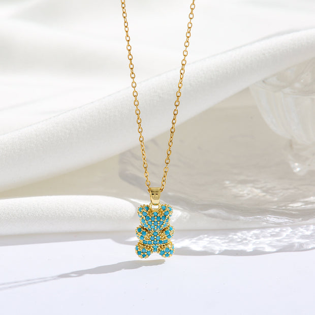 Fashionable All-match Micro Inlaid Zircon Electroplated Real Gold Turquoise Bear Necklace Pendant Light Luxury