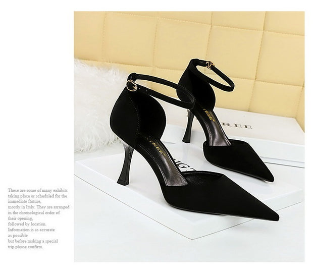 Simple Pedicure Slimming Suede Shallow Mouth Pointed-toe Hollowed Ankle-strap High Heel Women's Sandals