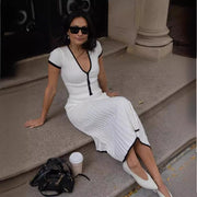 New V-neck Slim Knit Hip Pleated Dress Suit