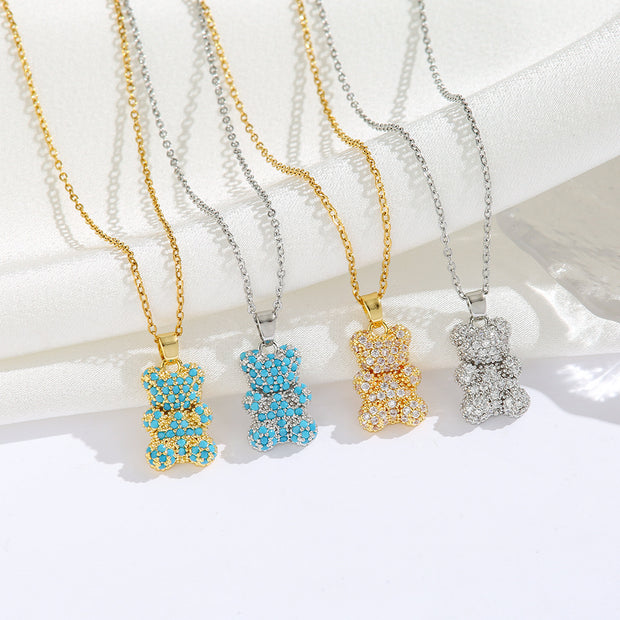 Fashionable All-match Micro Inlaid Zircon Electroplated Real Gold Turquoise Bear Necklace Pendant Light Luxury