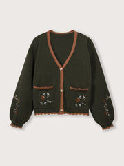 Lace Olive Green Pocket Embroidered Button Knitted Coat