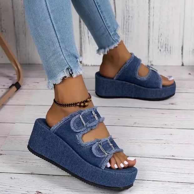 Fashion Denim Buckle Wedges Sandals