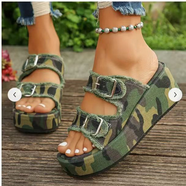 Fashion Denim Buckle Wedges Sandals