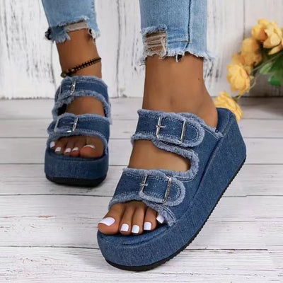 Fashion Denim Buckle Wedges Sandals