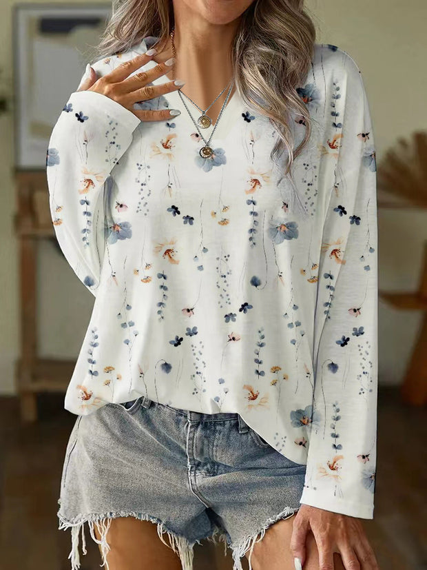 Women's Long-sleeved Printed Loose V-neck T-shirt Sweater