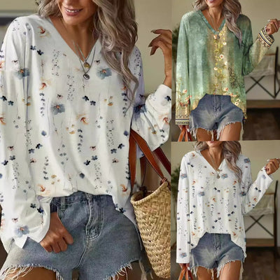 Women's Long-sleeved Printed Loose V-neck T-shirt Sweater