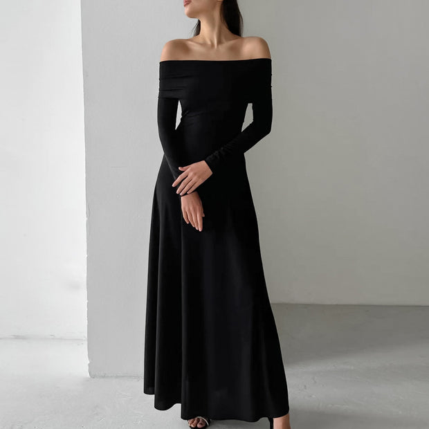 Knitted Off-neck Slim Fit High Waist Pullover Dress