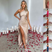 One-shoulder Backless Slit Satin Dresses For Women