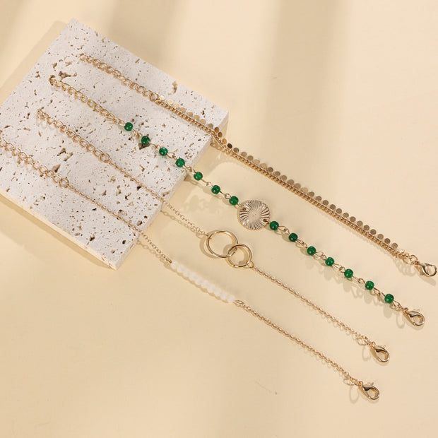 Fashion And Trendy Sequin Tassel Metal Ring White Green Bead Four Piece Bracelet Set