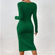 European And American Autumn And Winter Long Sleeve Crew Neck Split Knitted Long Dress