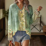 Women's Long-sleeved Printed Loose V-neck T-shirt Sweater