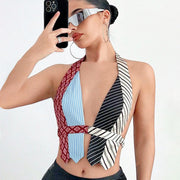 Design V-neck Pattern Fashion Striped Backless Top