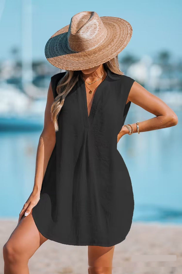 European And American Shirt Deep V Neckline Solid Color Beach Sun Protection Dress