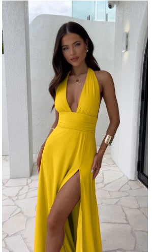 Halterneck V-neck Slit Backless Strappy Dress