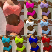 Women's Nylon Solid Color High Waist Cross Split Swimsuit Bikini