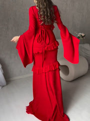 V-neck Bell-sleeved Ruffled Maxi Dress