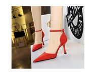 Simple Pedicure Slimming Suede Shallow Mouth Pointed-toe Hollowed Ankle-strap High Heel Women's Sandals