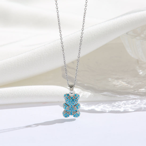 Fashionable All-match Micro Inlaid Zircon Electroplated Real Gold Turquoise Bear Necklace Pendant Light Luxury